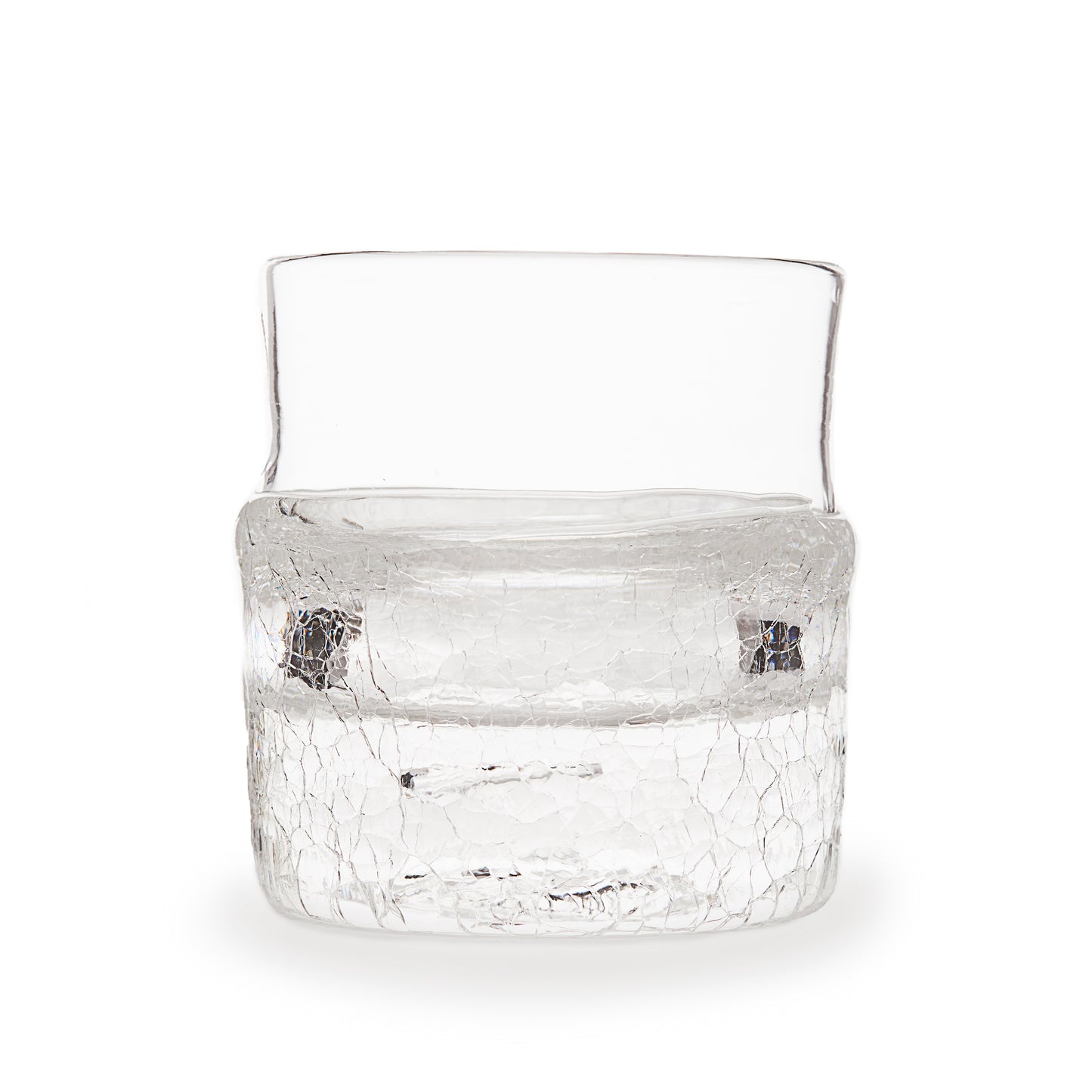 Hand blown glass whiskey glass, clear with a swirl of clear crackle glass on the bottom.
