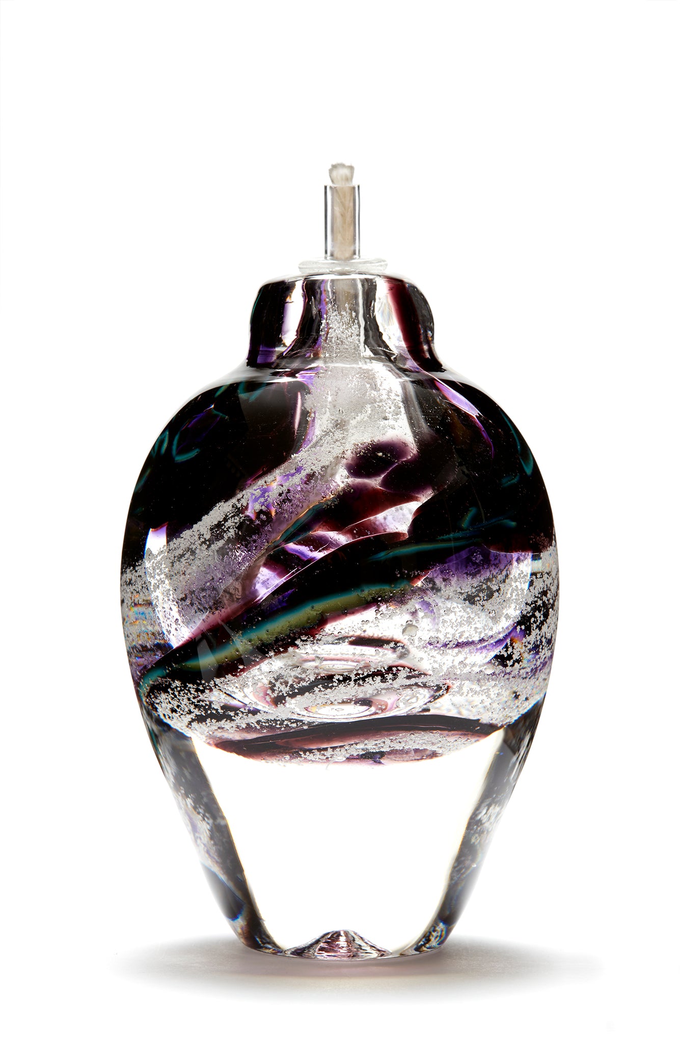 Memorial glass art tall eternal flame oil lamp with cremation ash. Purple and cranberry glass. Colour combination is called "Amethyst."