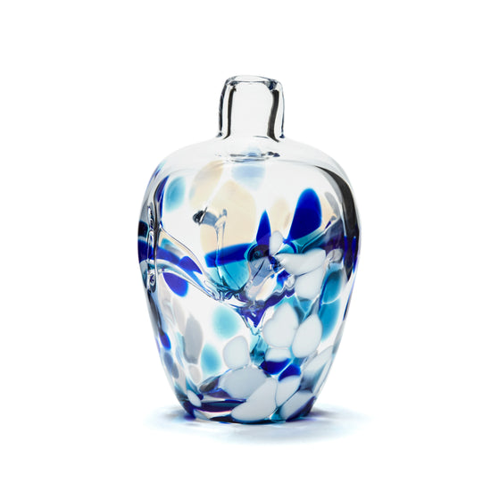 Miniature hand blown glass vase. Cobalt blue, teal blue, and white glass. Colour combination is called "Winter."