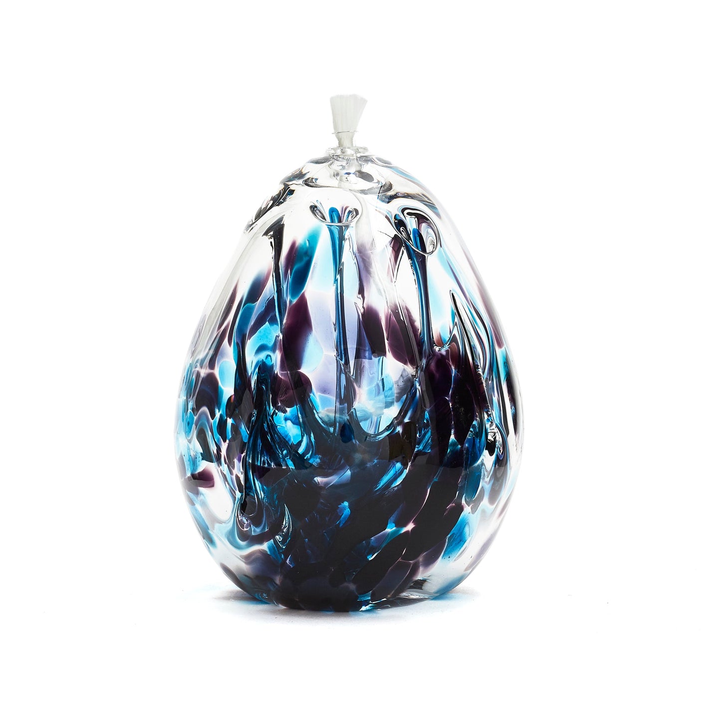 Handmade tall teardrop purple and teal glass oil lamp. Made in Ontario Canada by Gray Art Glass.