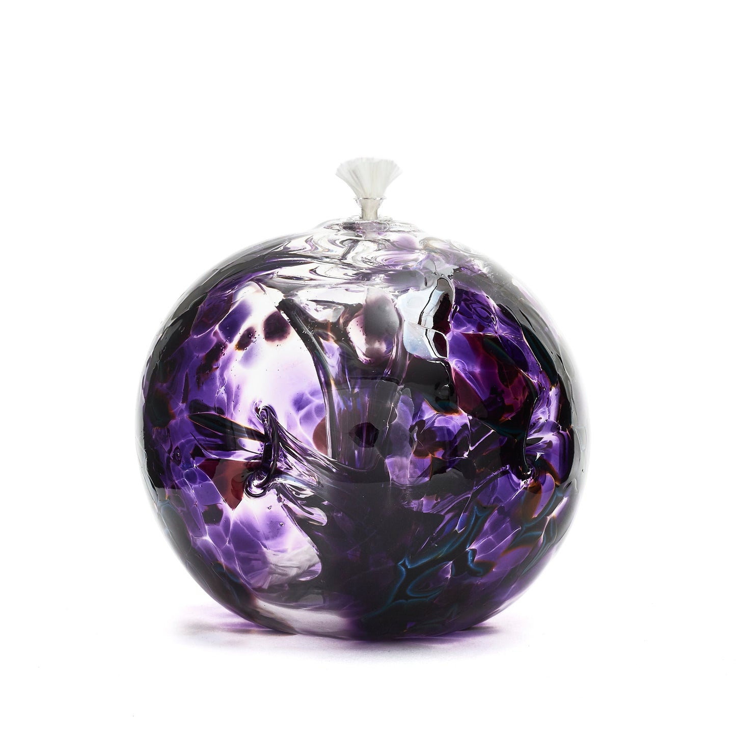 Handmade round purple glass oil lamp. Made in Ontario Canada by Gray Art Glass.