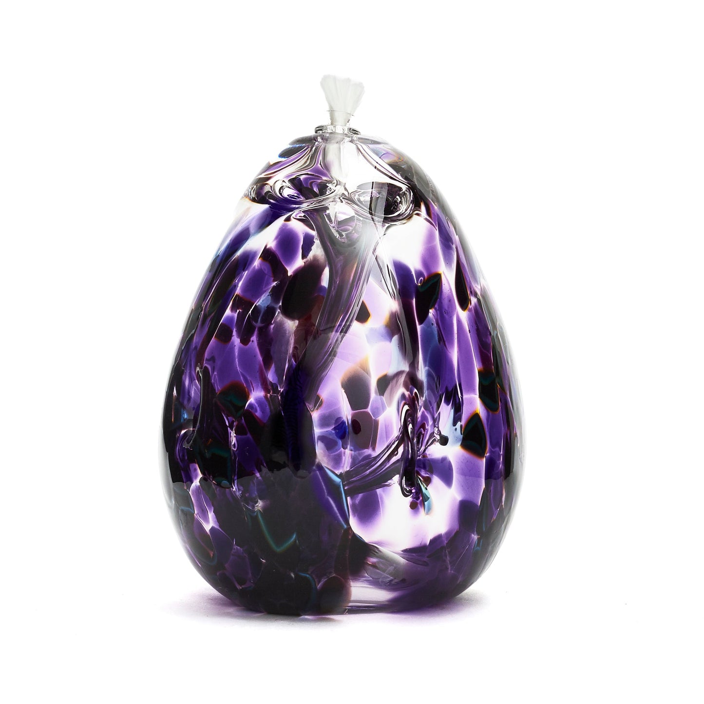 Handmade tall teardrop purple glass oil lamp. Made in Ontario Canada by Gray Art Glass.