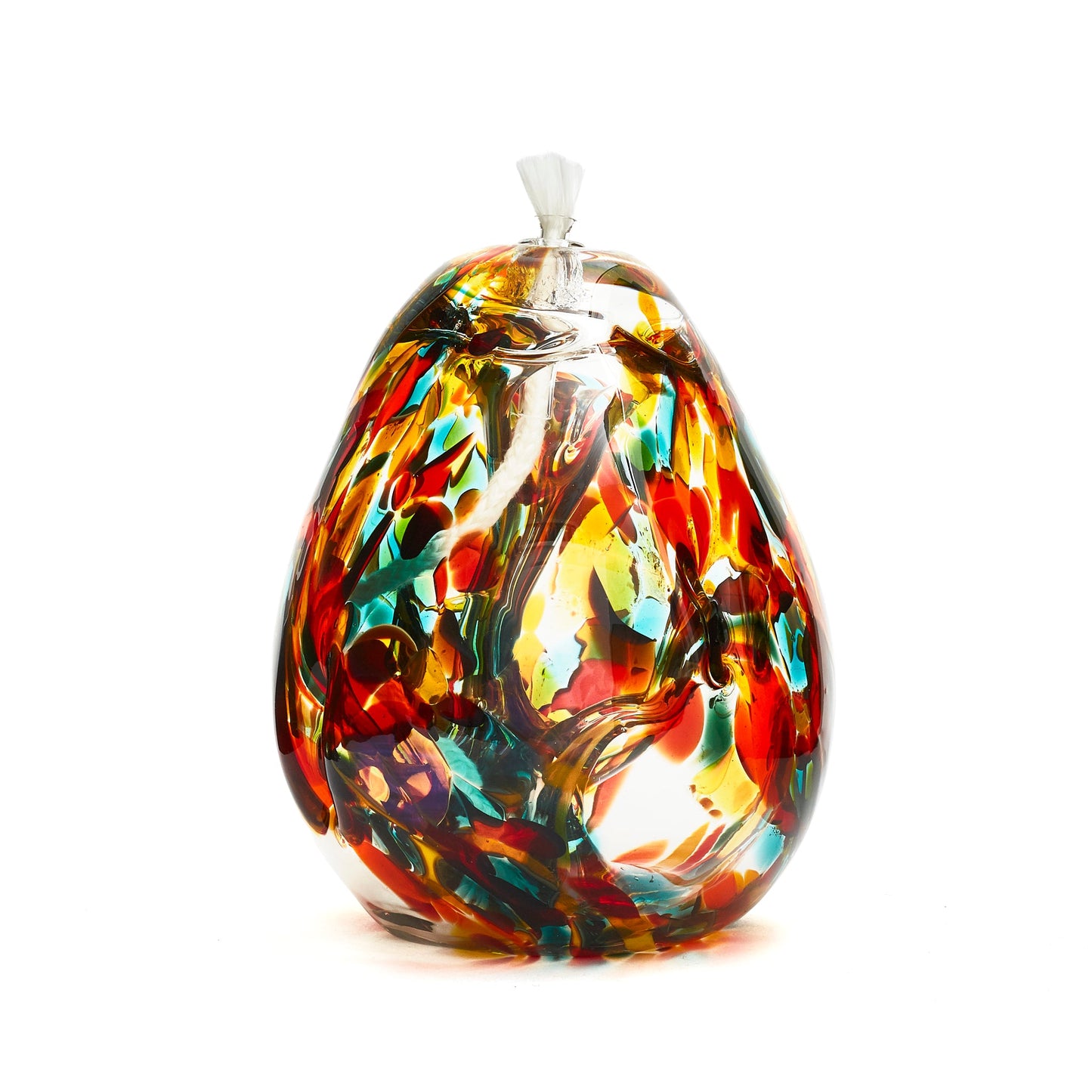 Handmade tall teardrop autumn glass oil lamp. Made in Ontario Canada by Gray Art Glass.