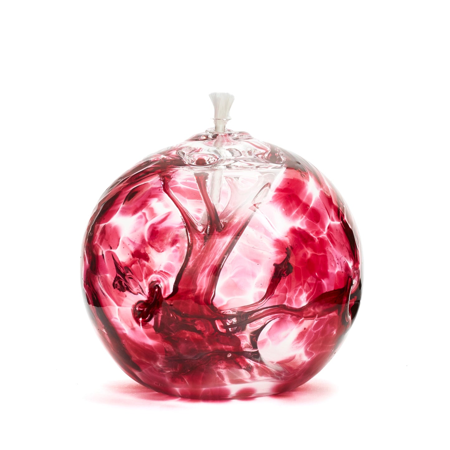 Handmade round cranberry glass oil lamp. Made in Ontario Canada by Gray Art Glass.