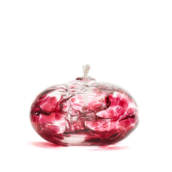 Handmade squat cranberry glass oil lamp. Made in Ontario Canada by Gray Art Glass.