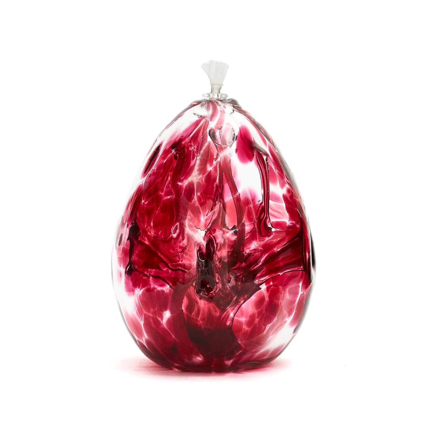 Handmade tall teardrop cranberry glass oil lamp. Made in Ontario Canada by Gray Art Glass.
