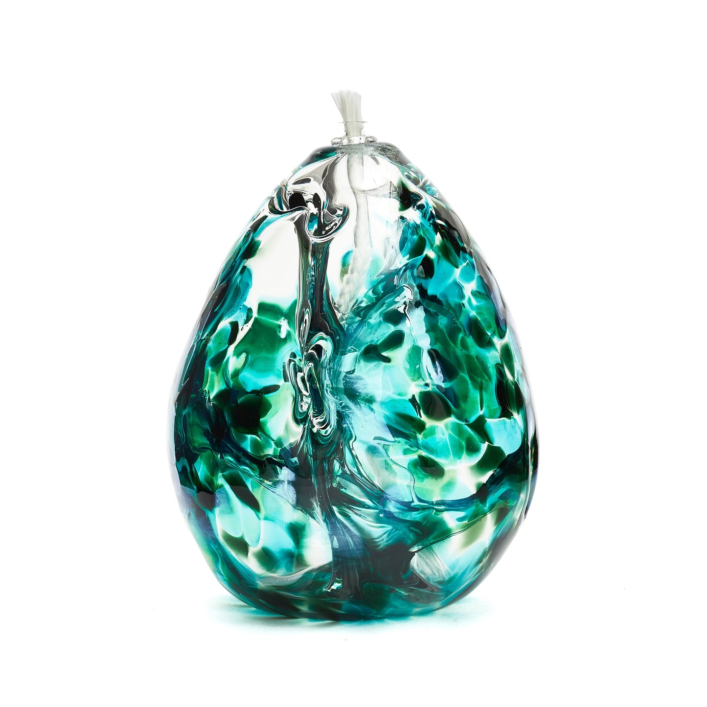 Handmade tall teardrop emerald glass oil lamp. Made in Ontario Canada by Gray Art Glass.