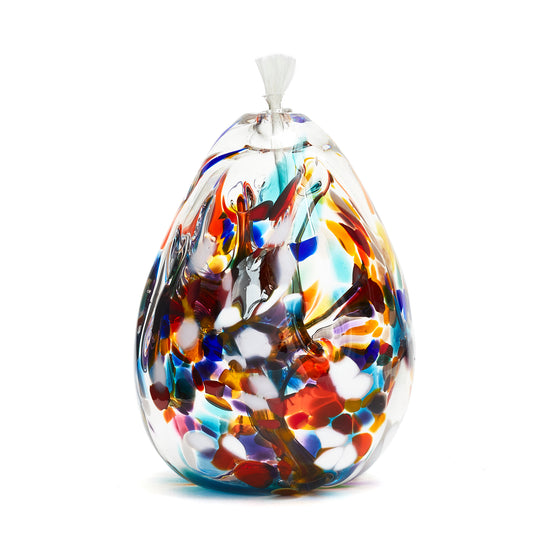 Handmade tall teardrop multicoloured rainbow glass oil lamp. Made in Ontario Canada by Gray Art Glass.