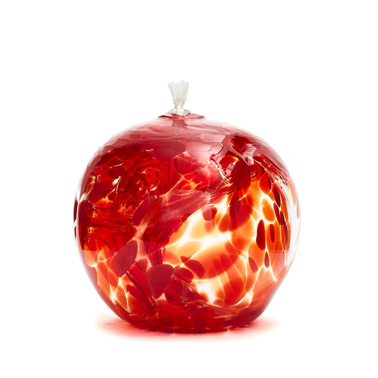 Handmade round ruby red glass oil lamp. Made in Ontario Canada by Gray Art Glass.
