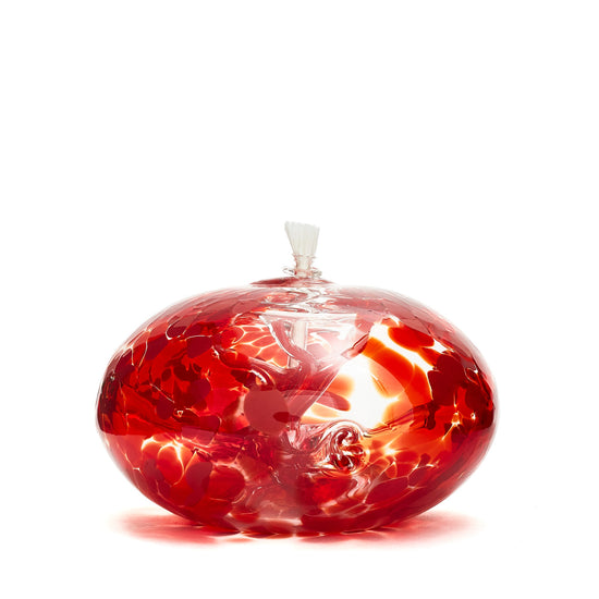 Handmade squat ruby red glass oil lamp. Made in Ontario Canada by Gray Art Glass.