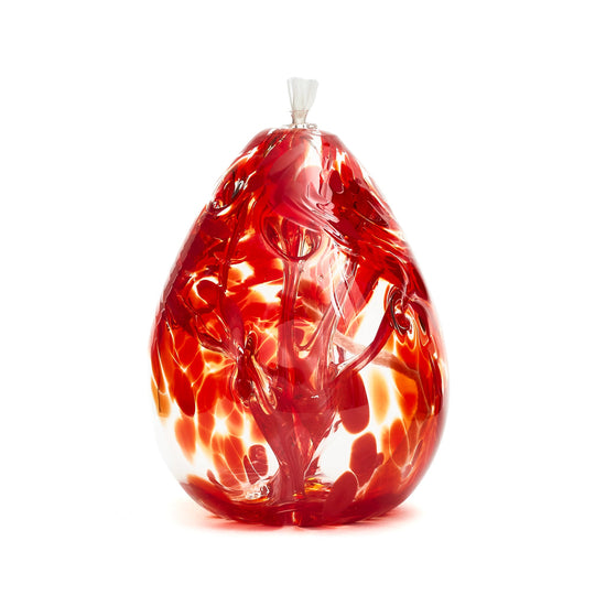 Handmade tall teardrop ruby red glass oil lamp. Made in Ontario Canada by Gray Art Glass.