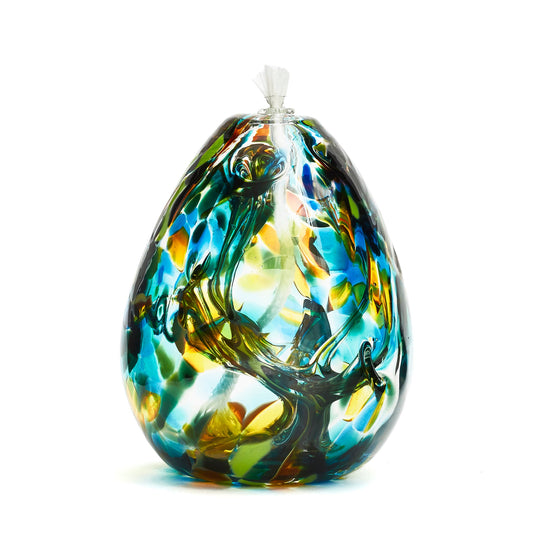 Handmade tall teardrop summer glass oil lamp. Made in Ontario Canada by Gray Art Glass.