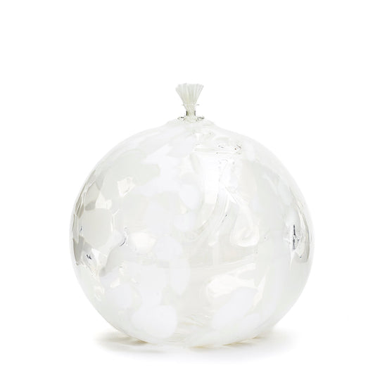 Handmade round white glass modern minimalist oil lamp. Made in Ontario Canada by Gray Art Glass.