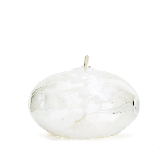 Handmade squat white glass modern minimalist oil lamp. Made in Ontario Canada by Gray Art Glass.