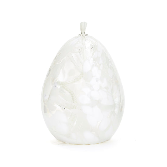 Handmade tall teardrop white glass modern minimalist oil lamp. Made in Ontario Canada by Gray Art Glass.