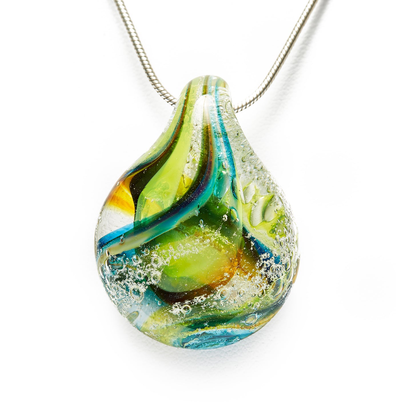 Memorial glass art pendant with cremation ash. Teal blue, yellow, and green glass. Colour combination is called "Summer."