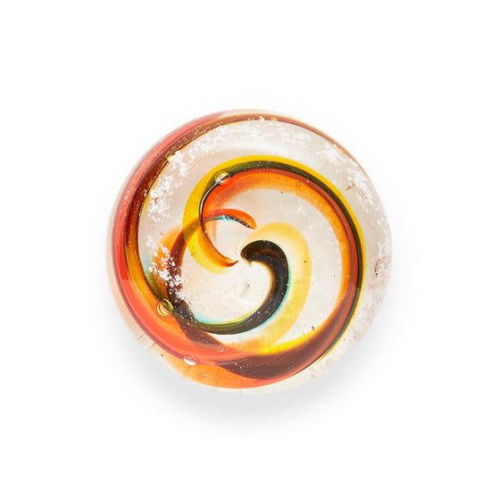 Memorial glass art touchstone with cremation ash. Yellow, red, orange, and green glass. Colour combination is called "Autumn."