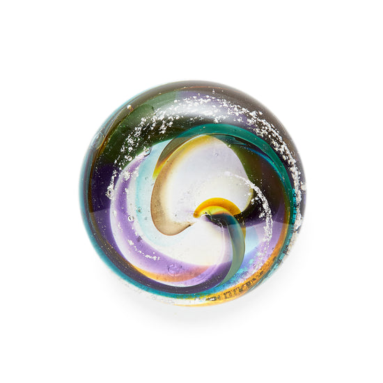 Memorial glass art touchstone with cremation ash. Purple, blue, green, pink, and yellow glass. Colour combination is called "Spring."
