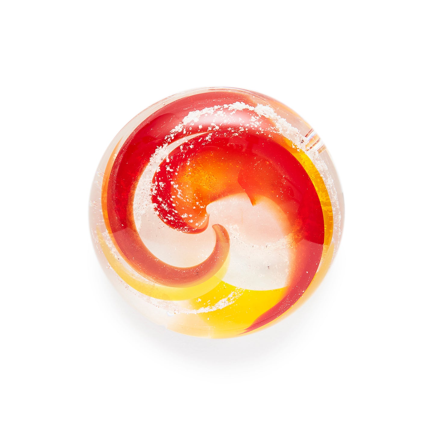 Memorial glass art touchstone with cremation ash. Red, yellow, and orange glass. Colour combination is called "Sunburst."