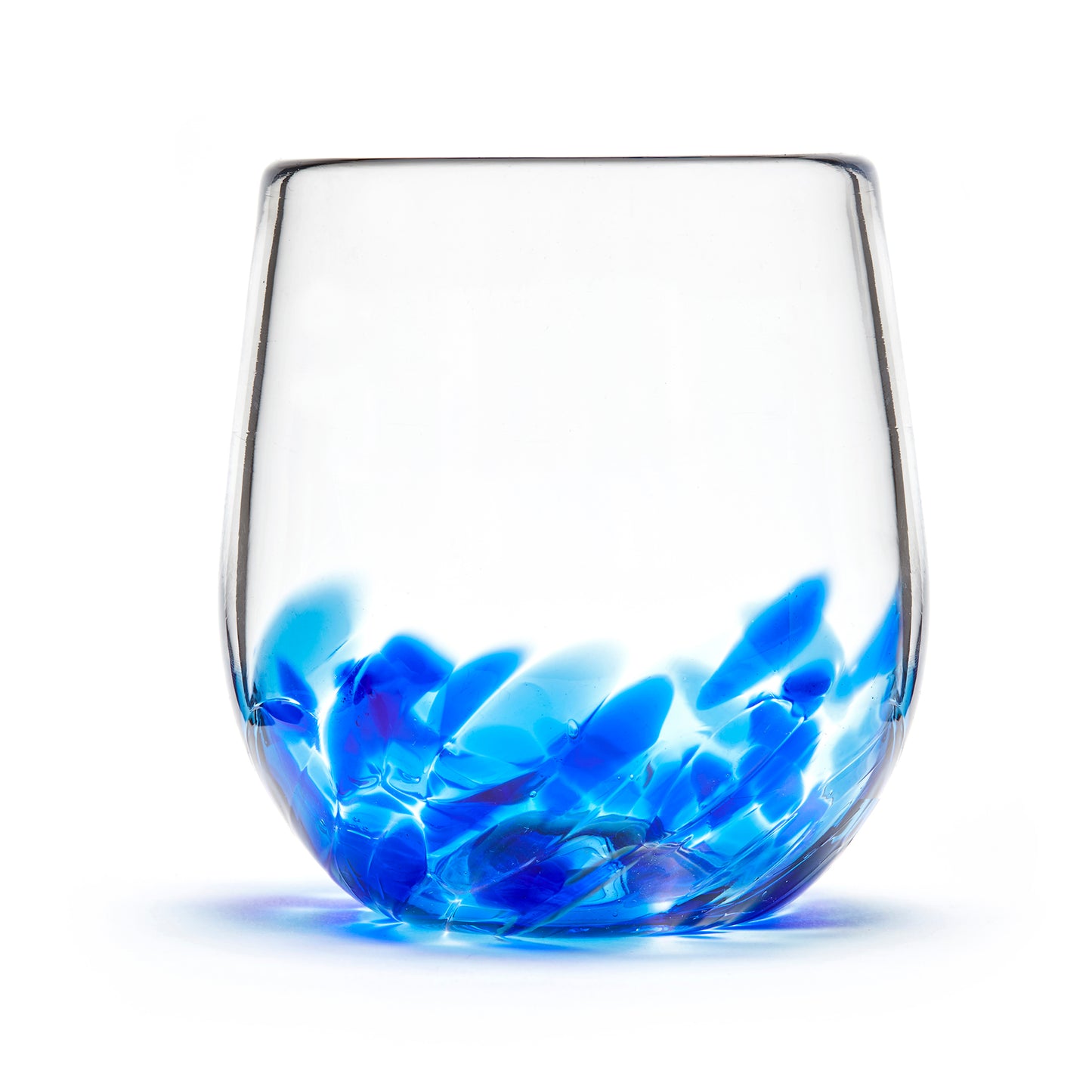 Hand blown glass wine glass. Clear glass with a swirl of cobalt blue glass on the bottom.