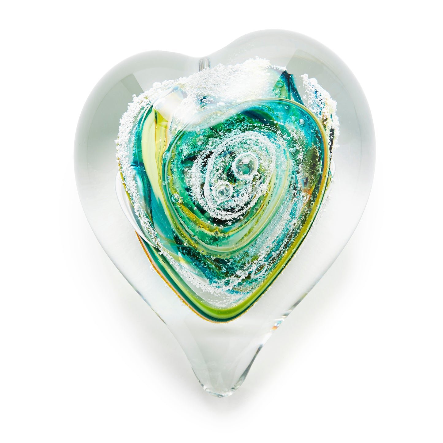 Memorial glass art heart paperweight with cremation ash. Teal blue, yellow, and green glass. Colour combination is called "Summer."