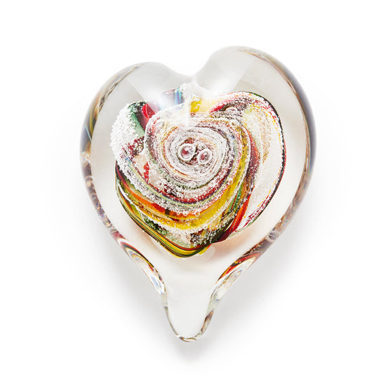 Memorial glass art heart paperweight with cremation ash. Yellow, red, orange, and green glass. Colour combination is called "Autumn."