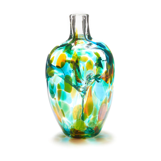 Miniature hand blown glass vase. Teal blue, yellow, and green glass. Colour combination is called "Summer."