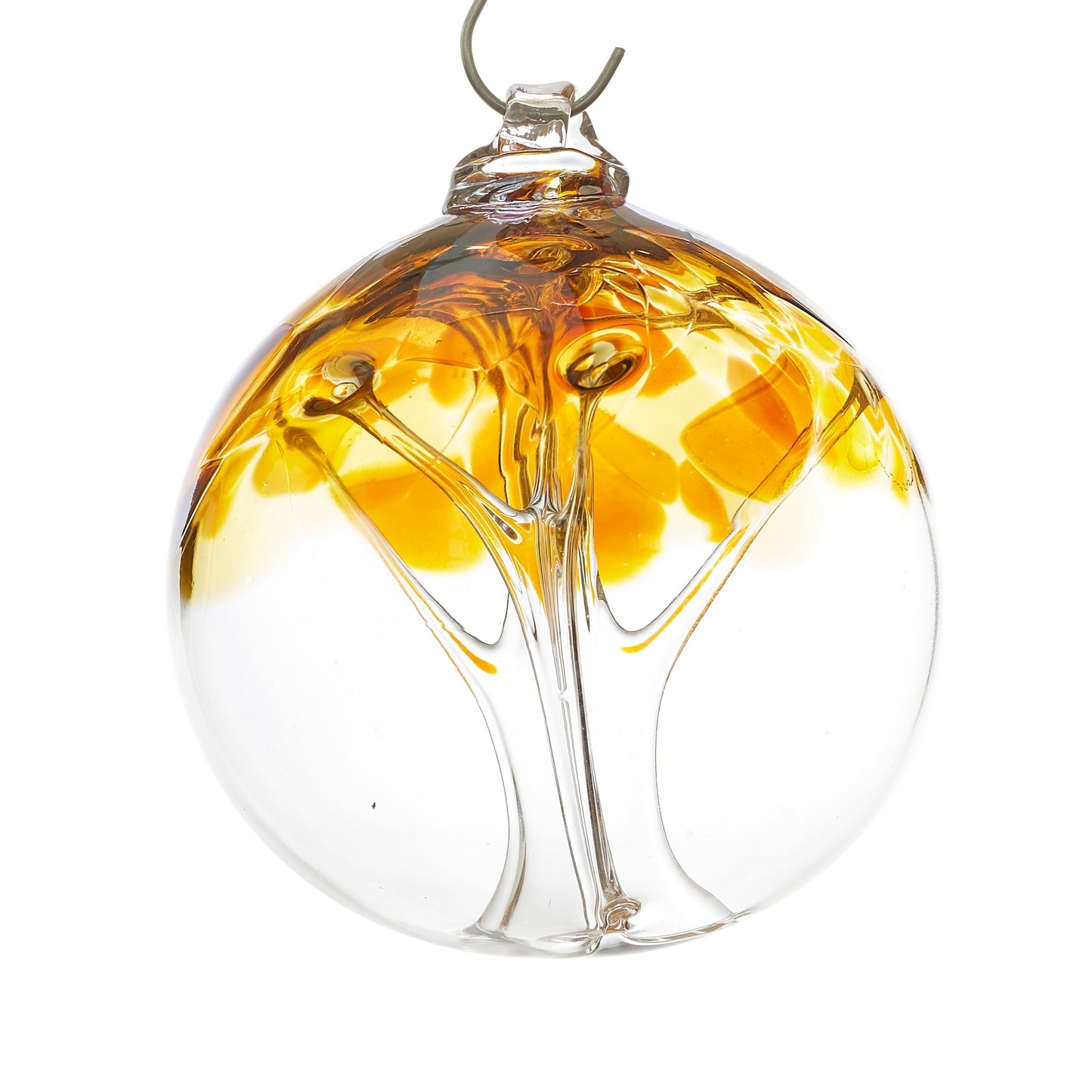 Memorial glass art tree of life ball with cremation ash. Iris gold glass.