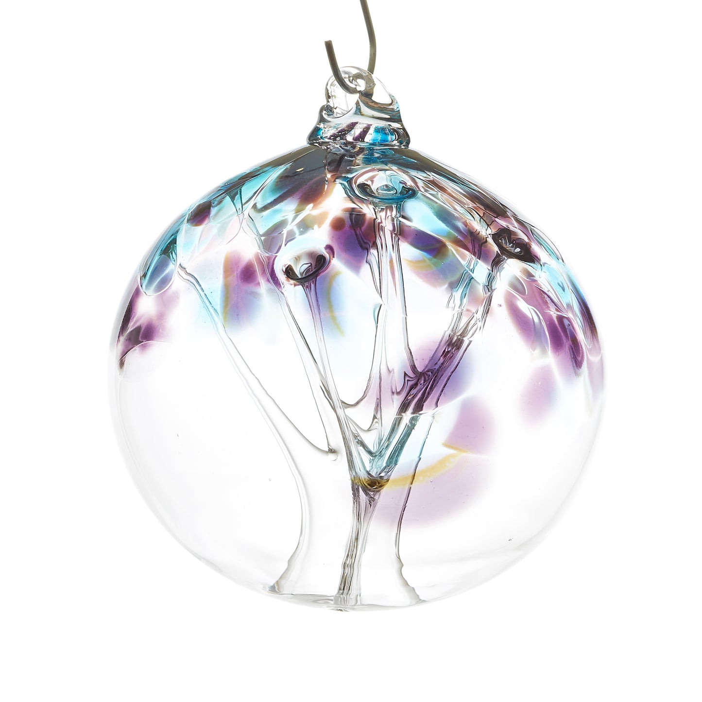 Hand blown glass tree of life ball. Purple and cranberry glass. Colour combination is called "Amethyst."