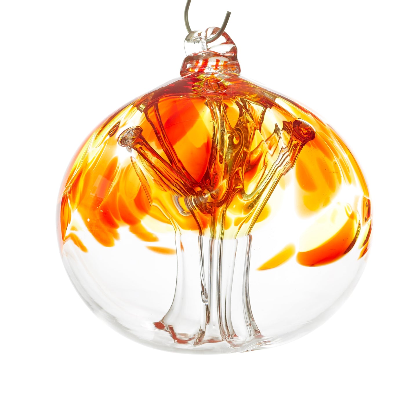 Hand blown glass tree of life ball. Red, yellow, and orange glass. Colour combination is called "Sunburst."